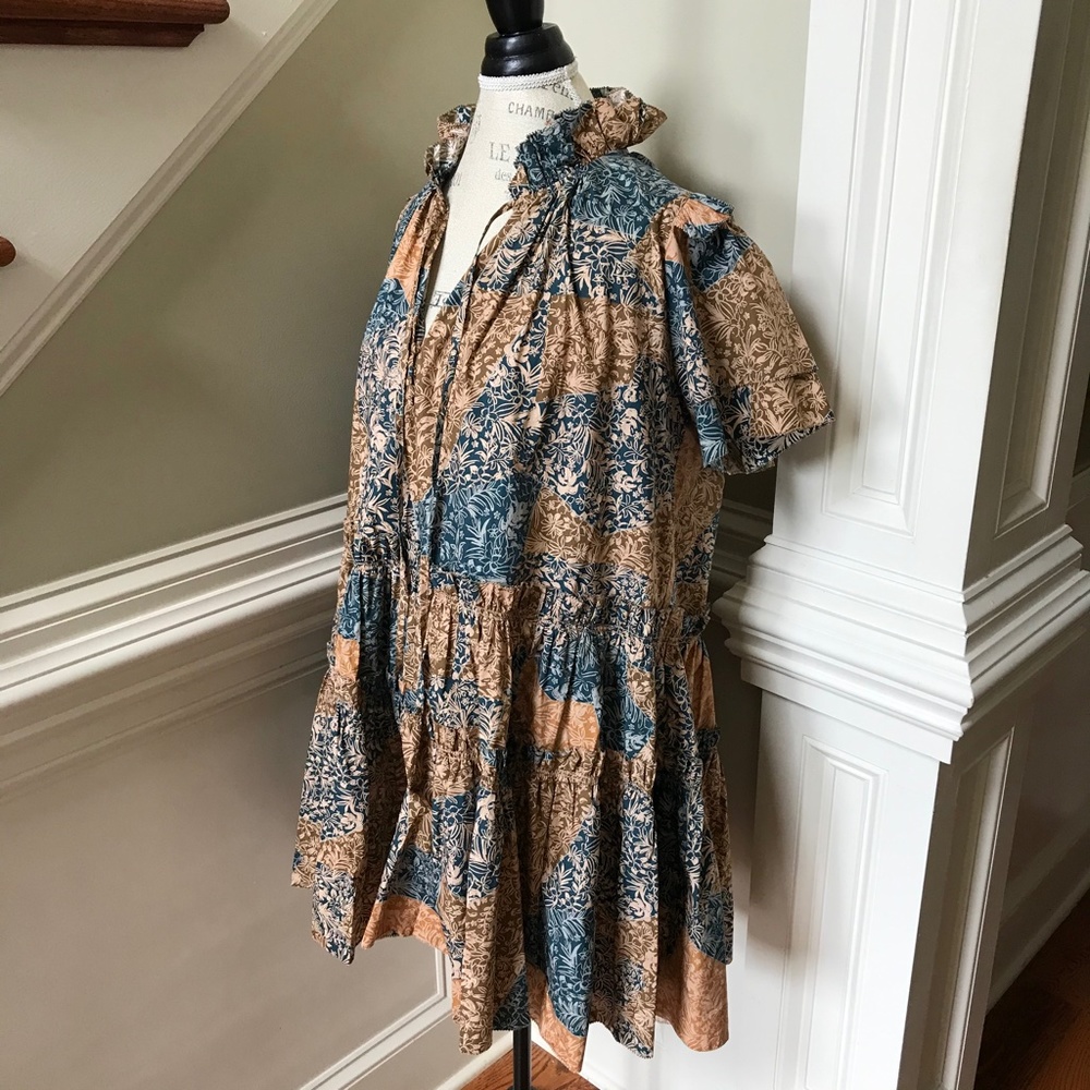 NWOT Hunter Bell Merritt Shift Dress Womens Large Blue Tan Short Sleeve V-Neck - Picture 8 of 13